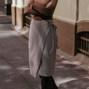 Ariela Wrap Front Midi Skirt - Brown Houndstooth