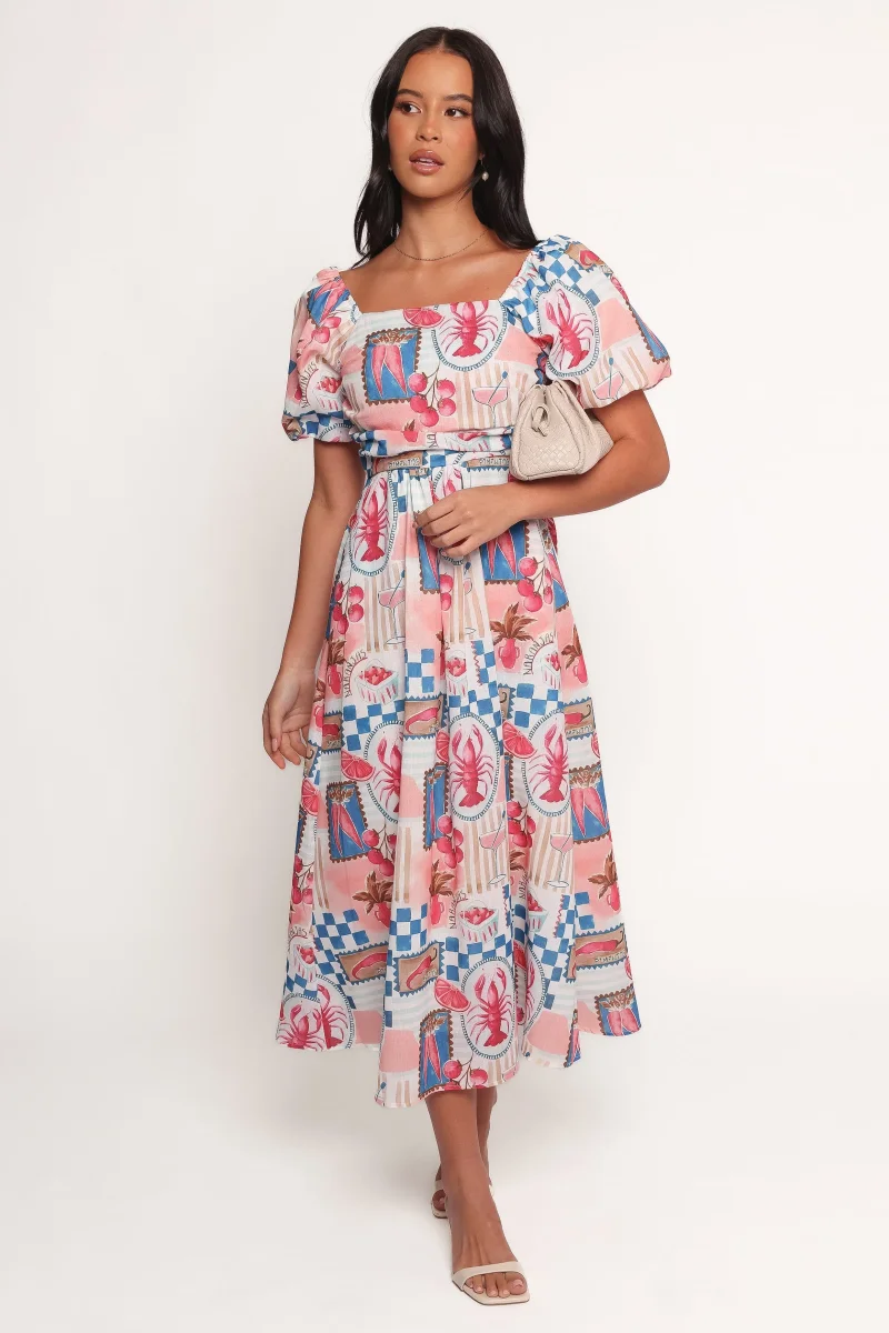 Clo Puff Sleeve Midi Dress – Pink Blue