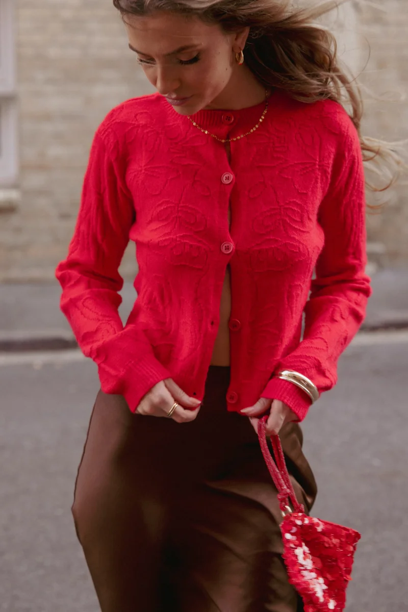 Fauna Tonal Floral Cardigan – Red