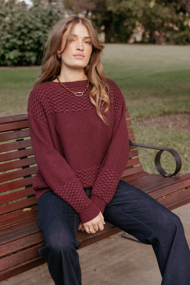 Fiora Waffle Stitch Sweater – Burgundy