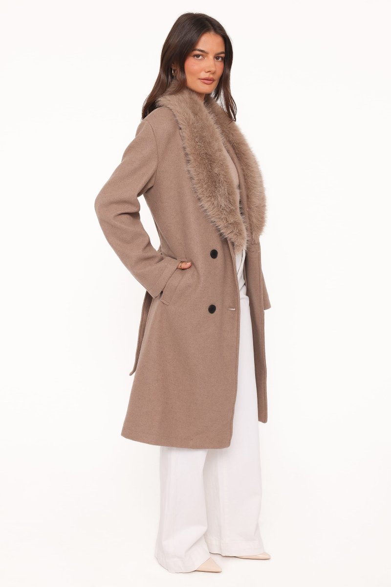 Nina Fur Collar Tie Waist Coat – Toffee Brown
